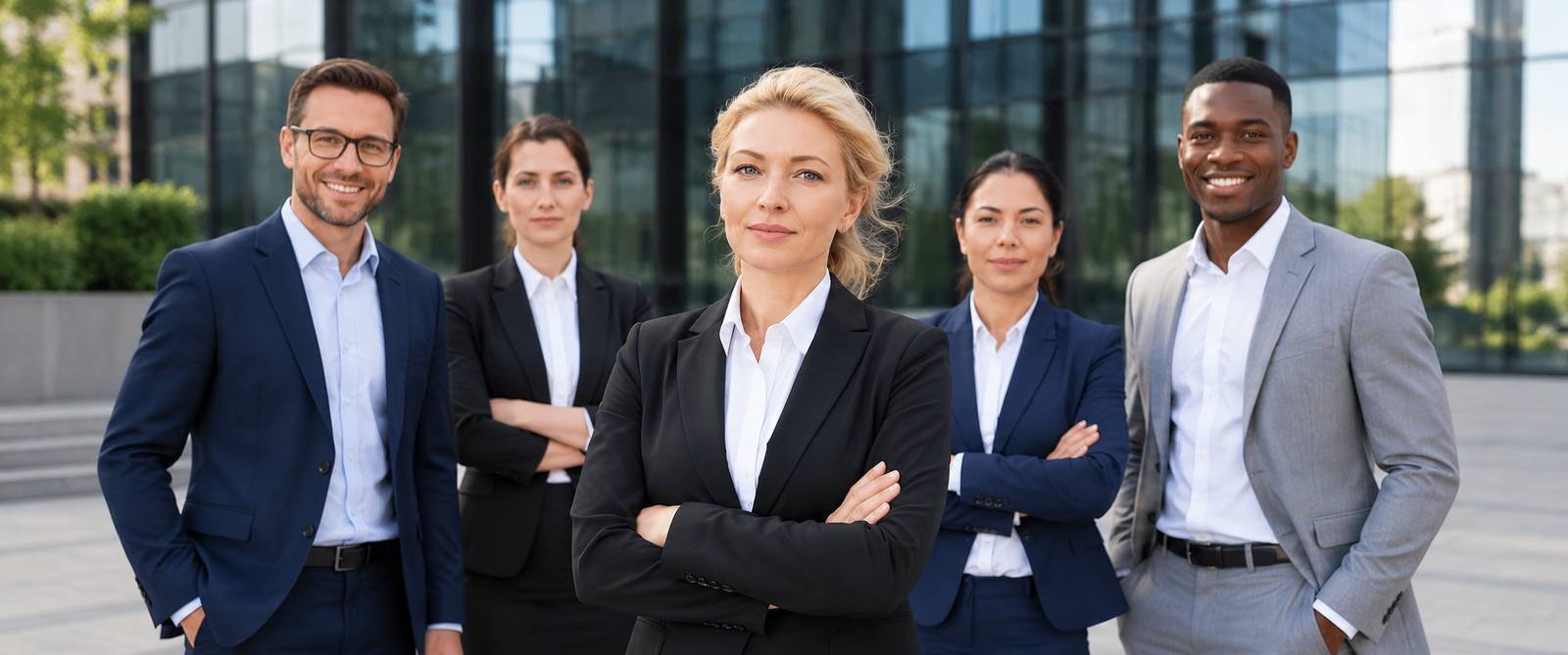 Equipe corporativa em frente a um edifício de escritórios